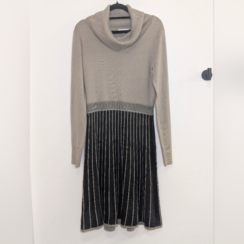 Calvin Klein Cowl Neck Sweater Dress Small Neutral Colorblock Chic Minimalist - Picture 2 of 8